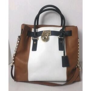 Michael Kors Hamilton Large Tote Brown~Black & White Gold Chain~Padlock~ Fall